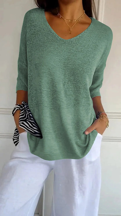 Wynette | Women’s 3/4‑Sleeve V‑Neck Knit Top
