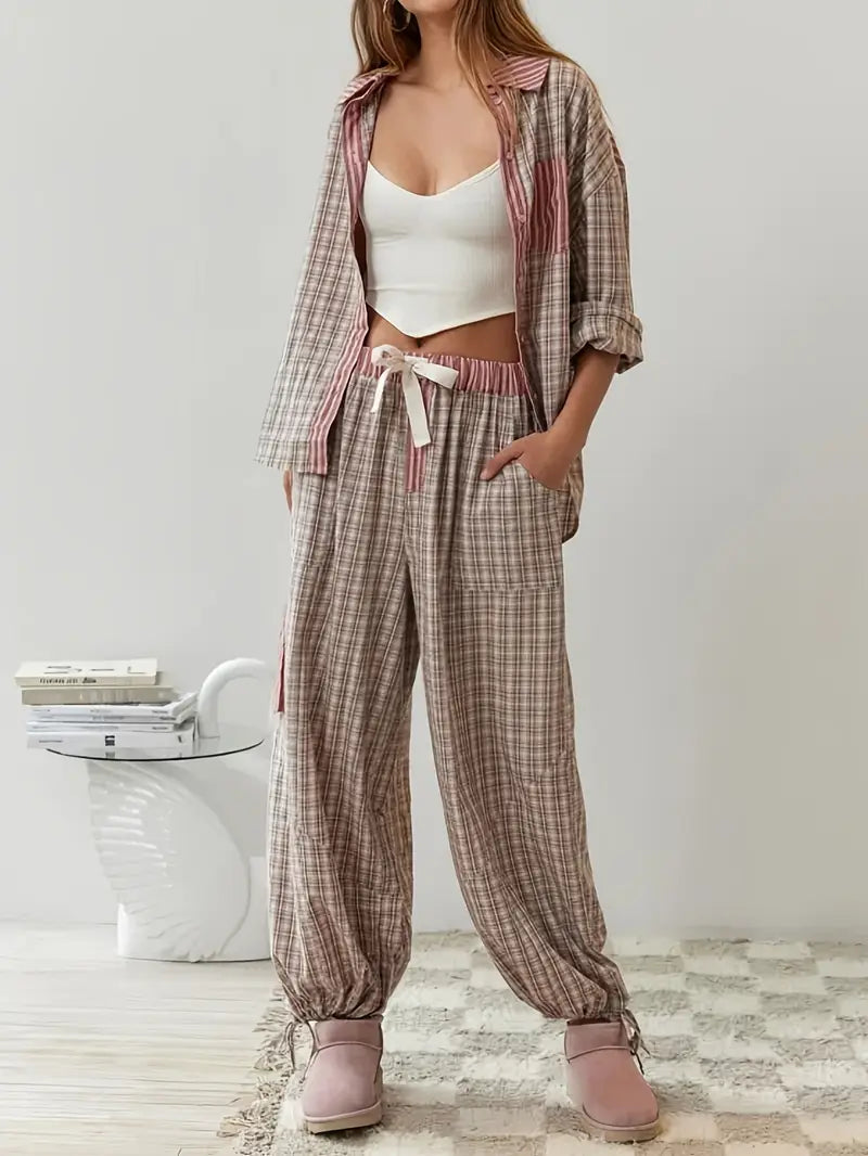 Brennar | Unisex Striped Plaid Patchwork Pajama Set