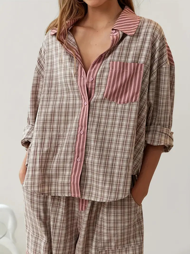 Brennar | Unisex Striped Plaid Patchwork Pajama Set