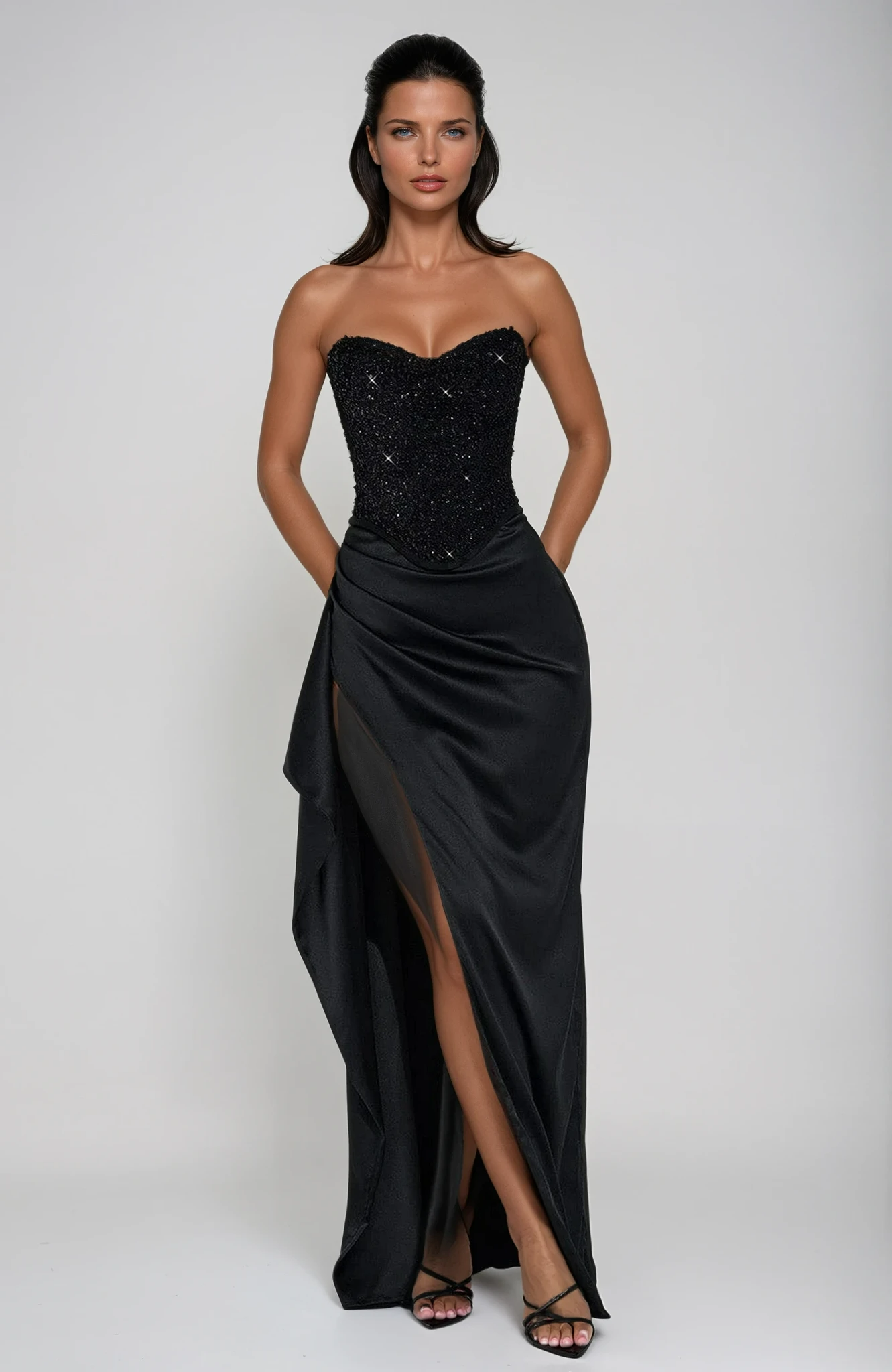 Aubrielle | Women’s Beaded Corset Satin Maxi Dress