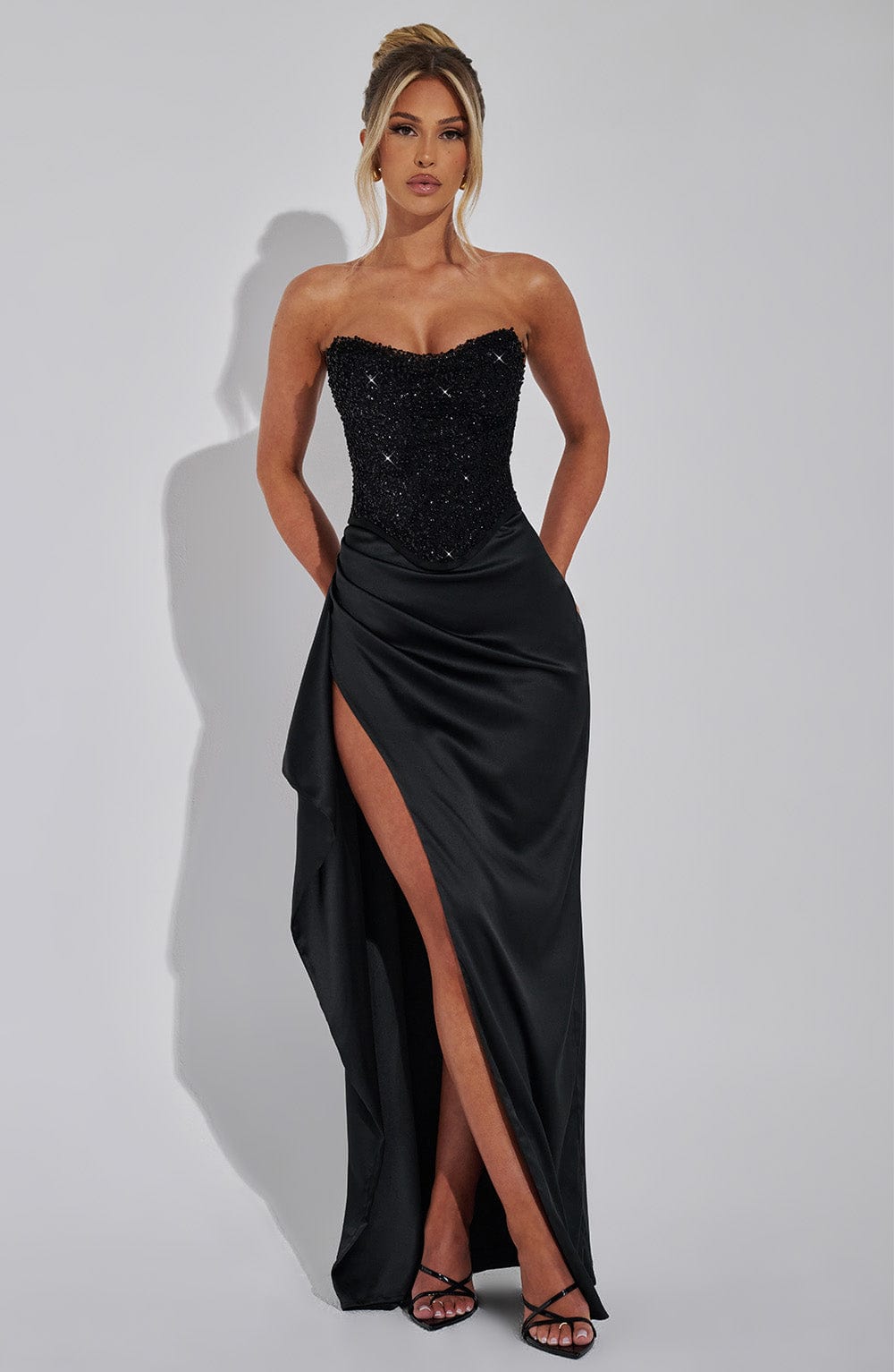 Aubrielle | Women’s Beaded Corset Satin Maxi Dress