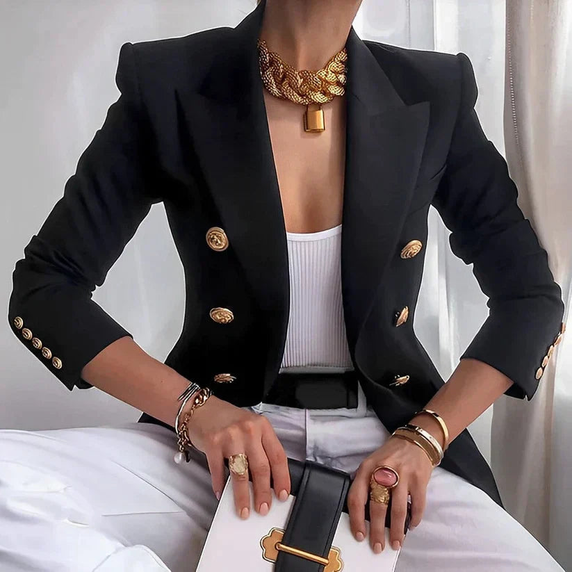Alyssa | Women’s Double-Breasted Black Blazer with Gold Buttons