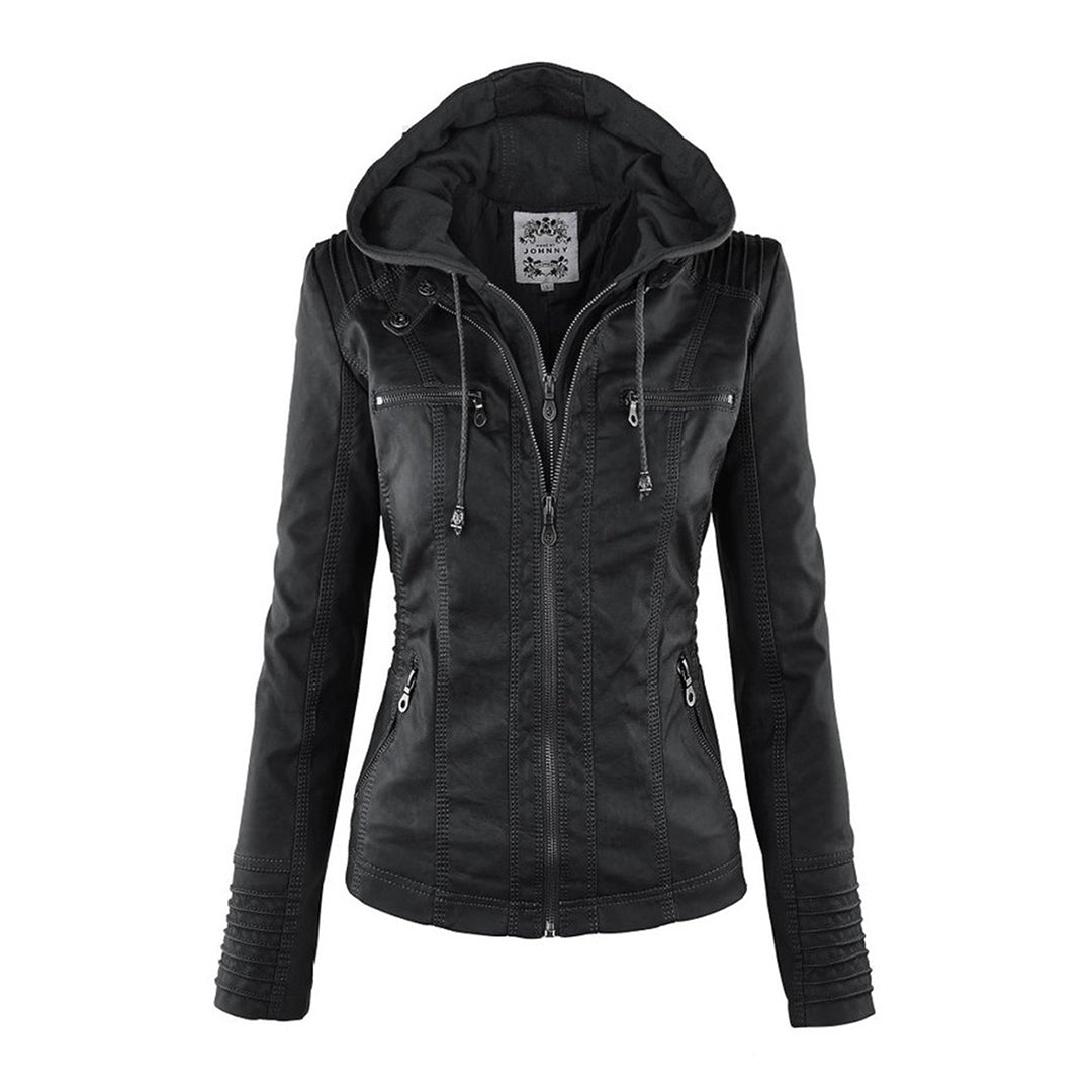 Vada | Women’s Black PU Leather Jacket with Hood