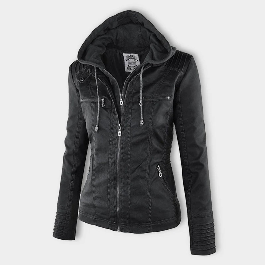 Vada | Women’s Black PU Leather Jacket with Hood