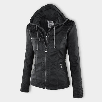 Vada | Women’s Black PU Leather Jacket with Hood