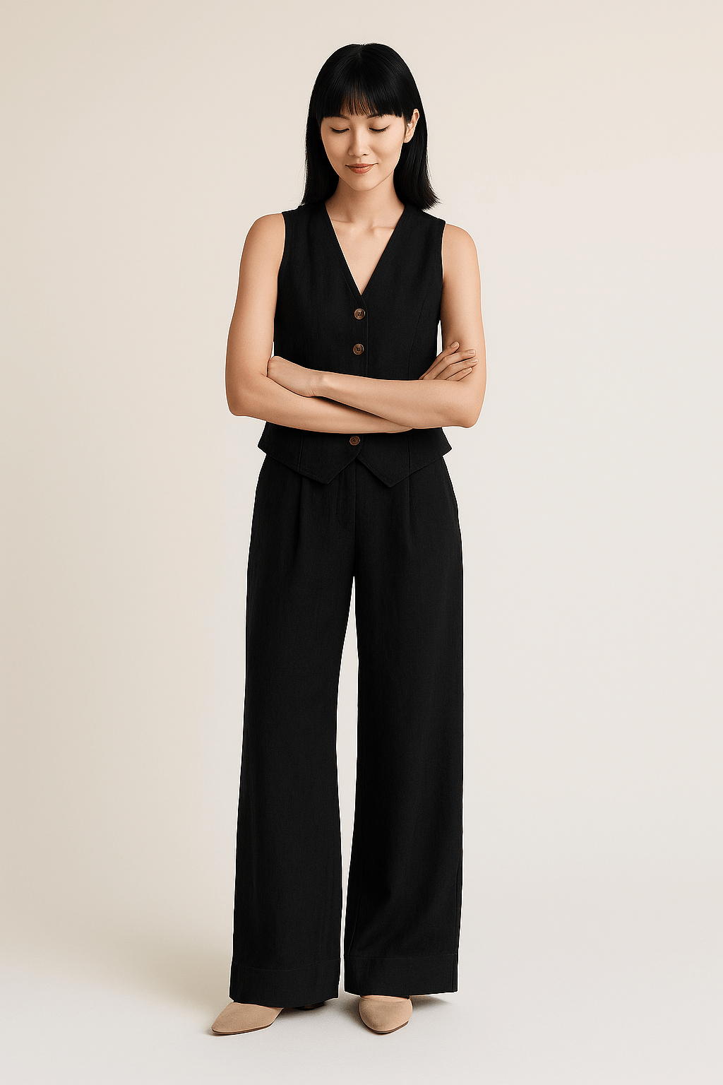 Yveline | Women’s Linen Vest & Wide‑Leg Trousers Set