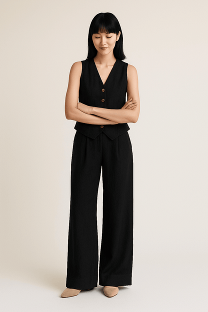 Yveline | Women’s Linen Vest & Wide‑Leg Trousers Set