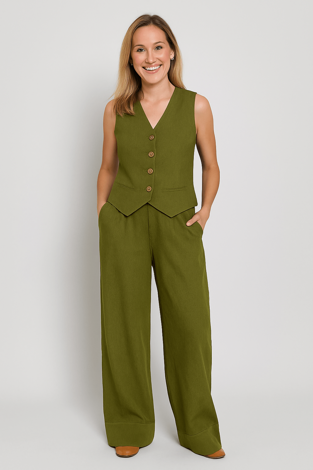 Yveline | Women’s Linen Vest & Wide‑Leg Trousers Set