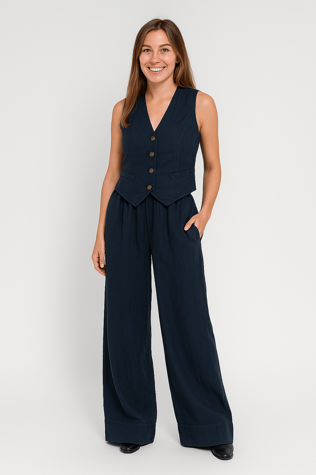 Yveline | Women’s Linen Vest & Wide‑Leg Trousers Set