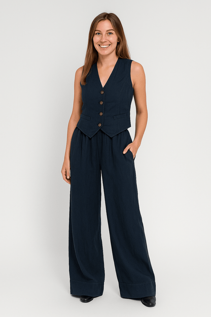 Yveline | Women’s Linen Vest & Wide‑Leg Trousers Set