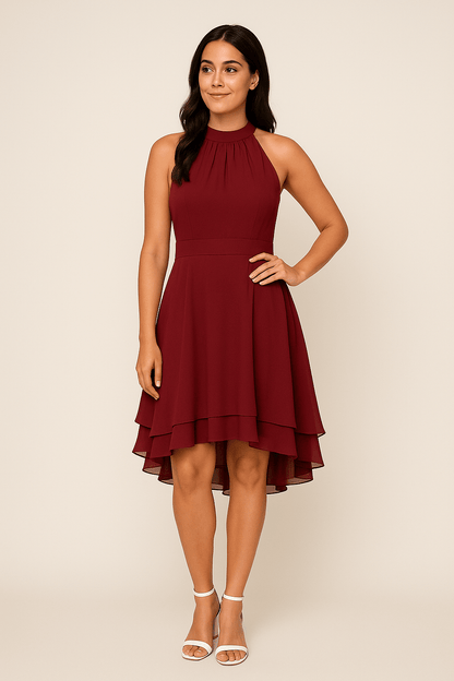 Zyelina | Women’s Halter‑Neck Sleeveless Dress – High‑Low Layered Skirt & Fitted Waist