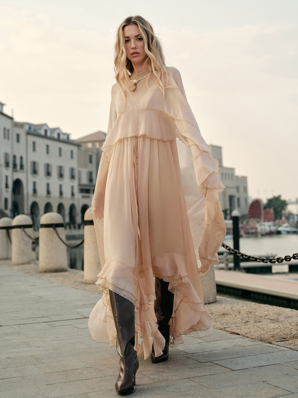 Celiora | Women’s Sheer Long-Sleeve Chiffon Maxi Dress