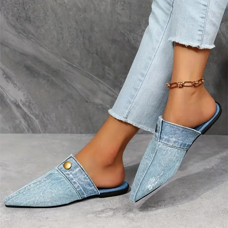 Calivara | Women’s Denim Button-Accent Mules