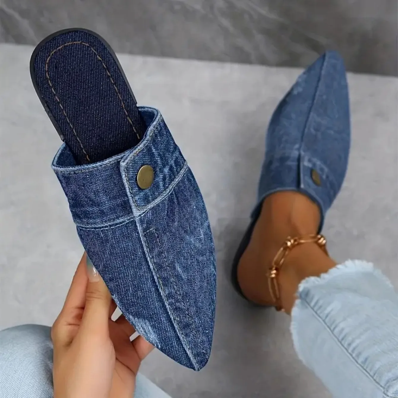 Calivara | Women’s Denim Button-Accent Mules