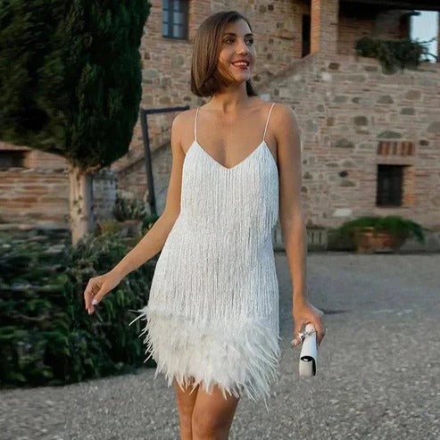 Eleanor | Women’s Short Feather Accent Party Dress