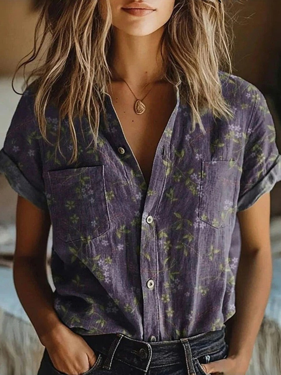 Seralya | Women’s Floral Lapel Short-Sleeve Blouse